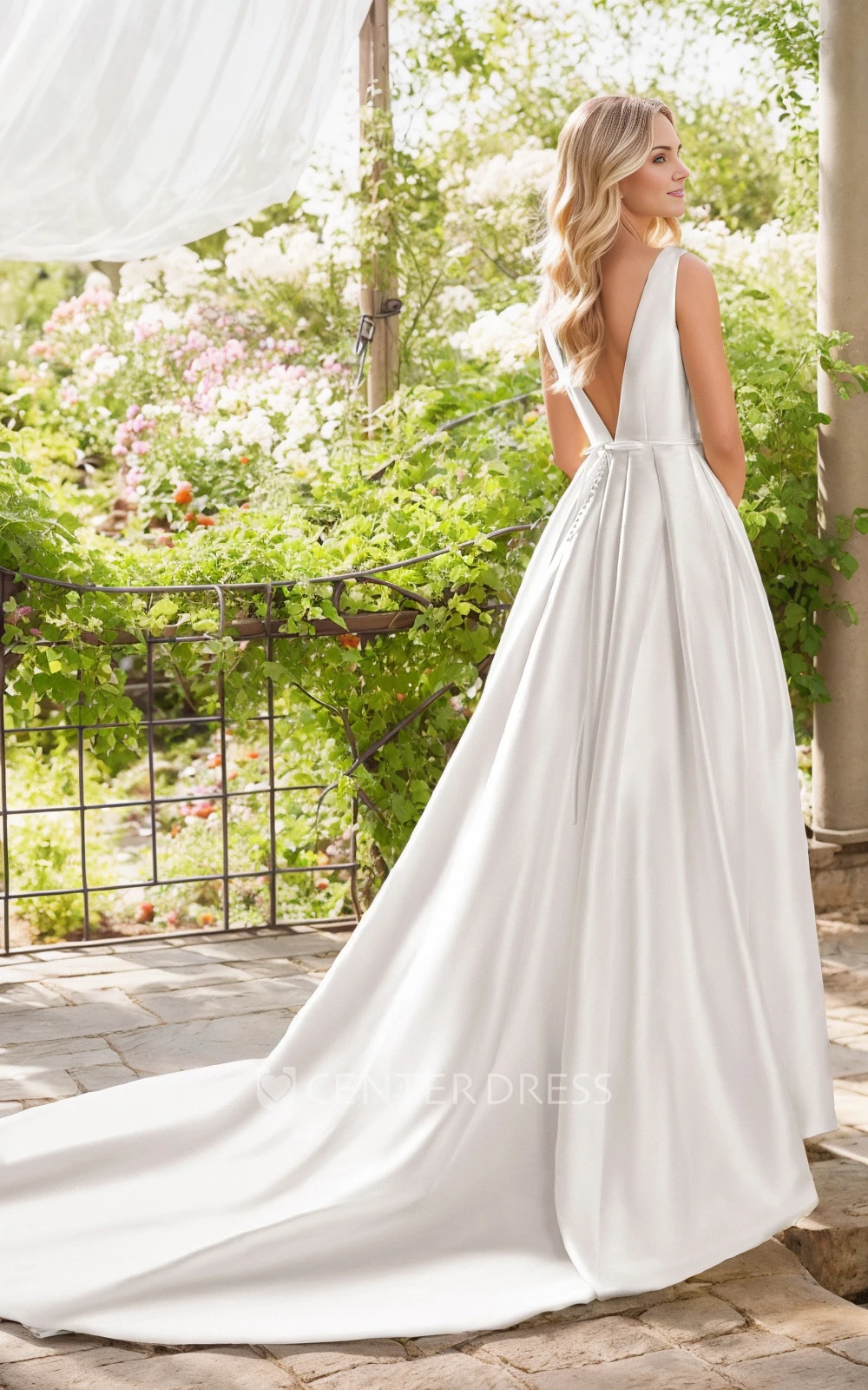 Summer Beach A-Line Plunging Neckline Sashed Wedding Dress Simple Elegant Satin Deep-V Back Sleeveless Long Train Bridal Gown
