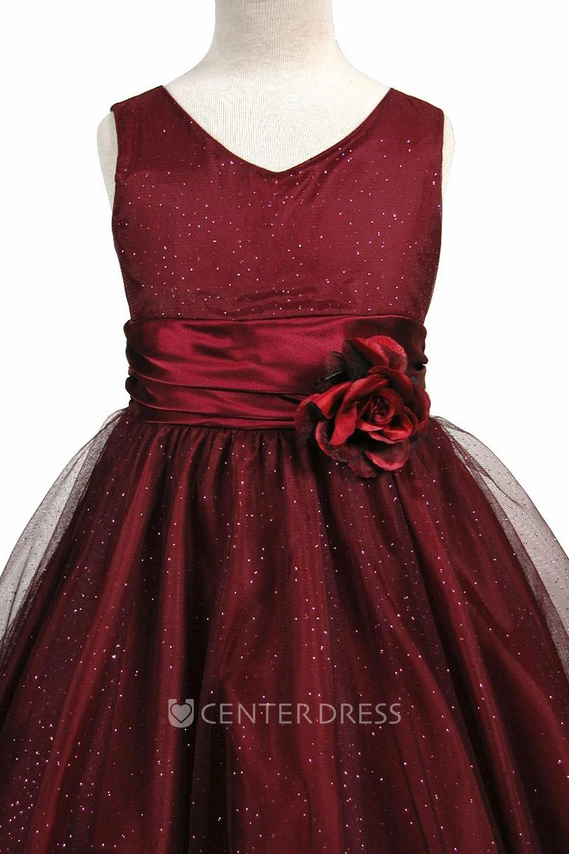 Knee-Length V-Neck Tiered Charmeuse Flower Girl Dress