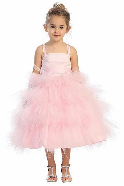Spaghetti Tea-Length Beaded Tulle&Satin Flower Girl Dress