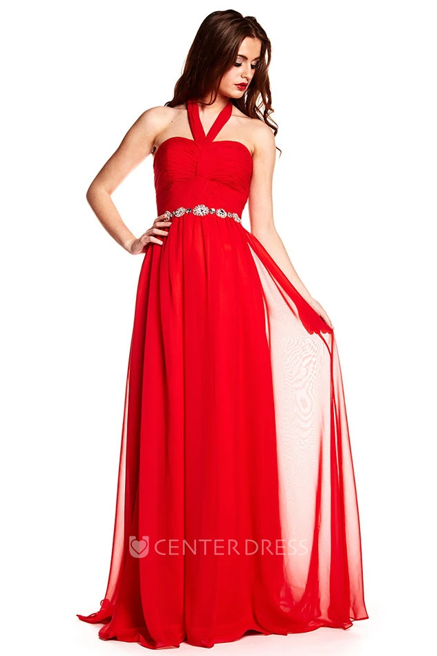 Floor-Length Sleeveless Halter Criss-Cross Chiffon Prom Dress