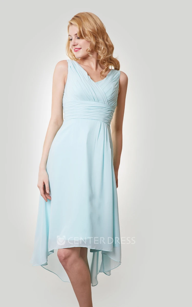 High-Low V-Neck Chiffon Sleeveless Bridemaid Dress With Ruching