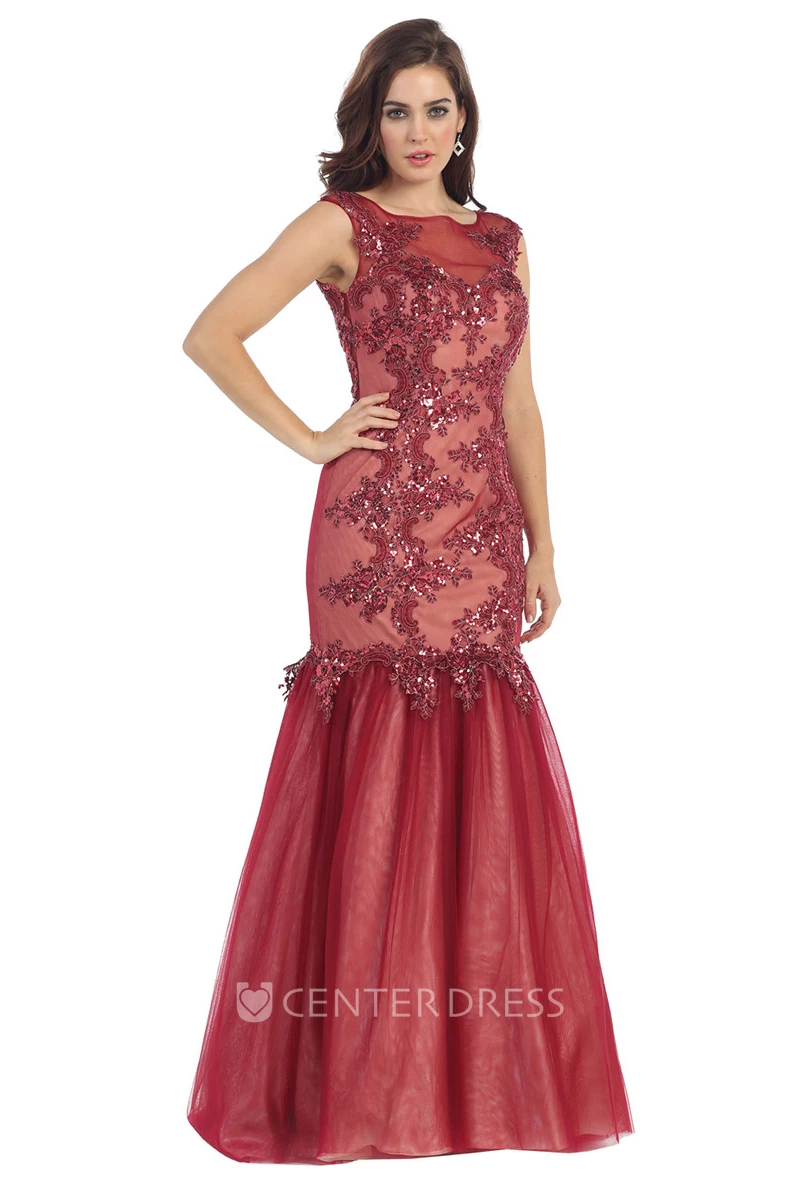 Trumpet Bateau Sleeveless Tulle Illusion Dress With Appliques And Sequins