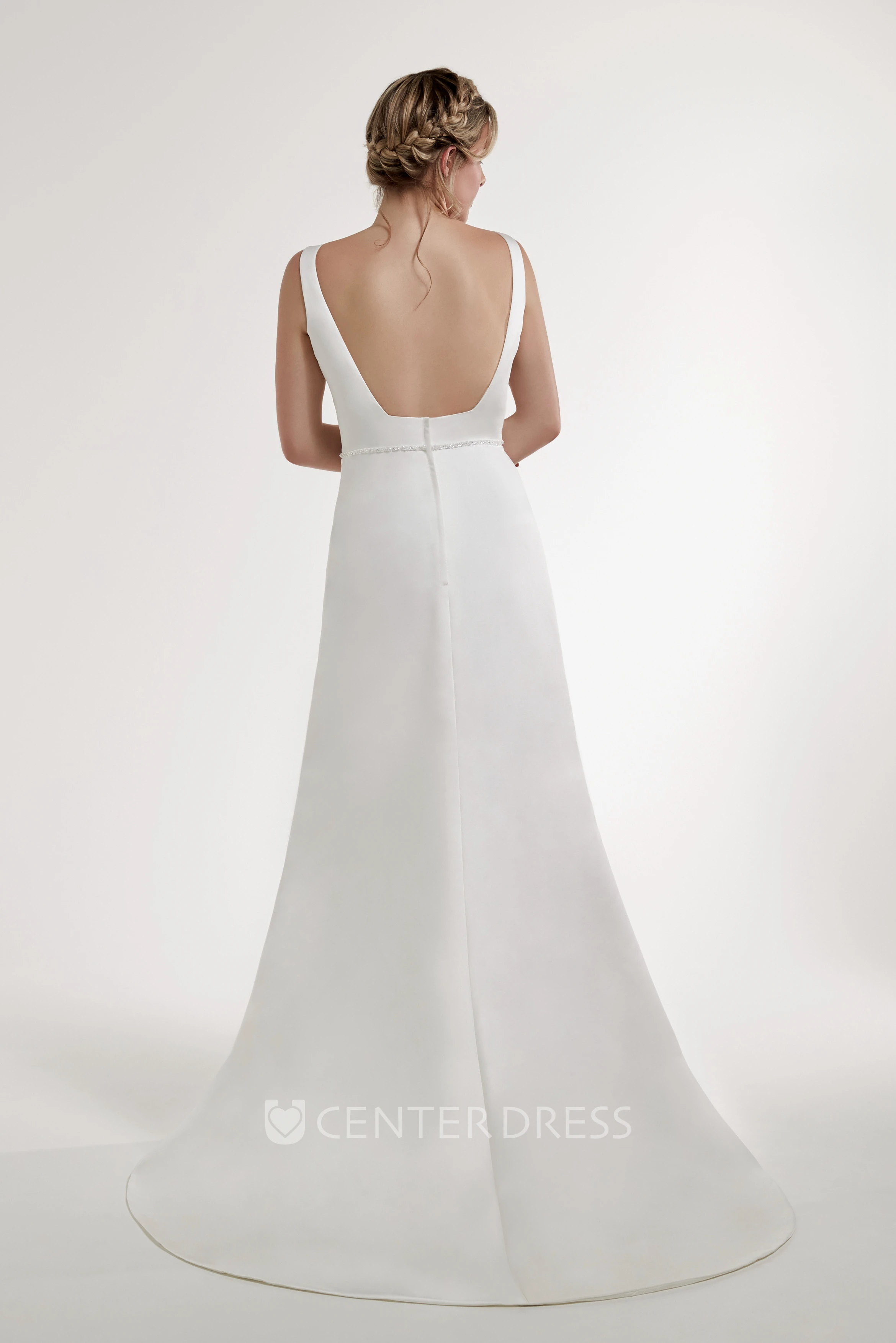 Sheath Jeweled Jewel Floor-Length Sleeveless Satin Wedding Dress With Backless Style And Sweep Train