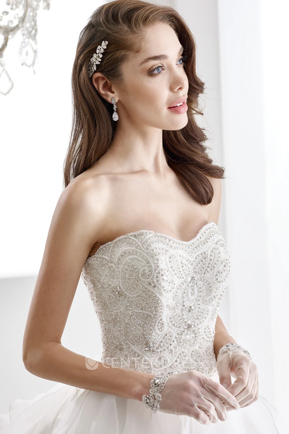 Strapless A-line Ruching Wedding Gown with Beaded Bodice and Cascading Ruffles