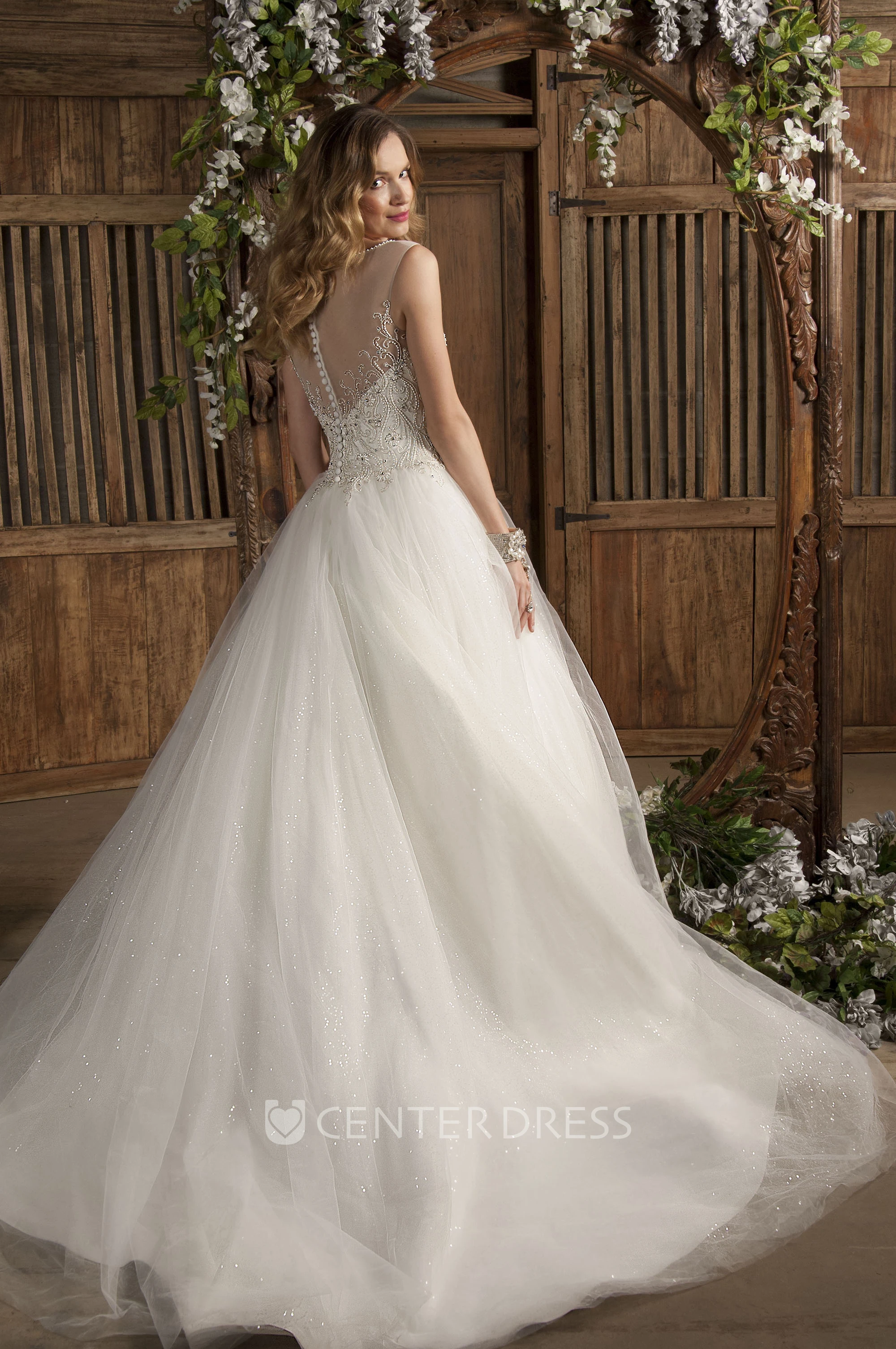 Ball Gown Bateau Neck Sleeveless Appliqued Tulle Wedding Dress