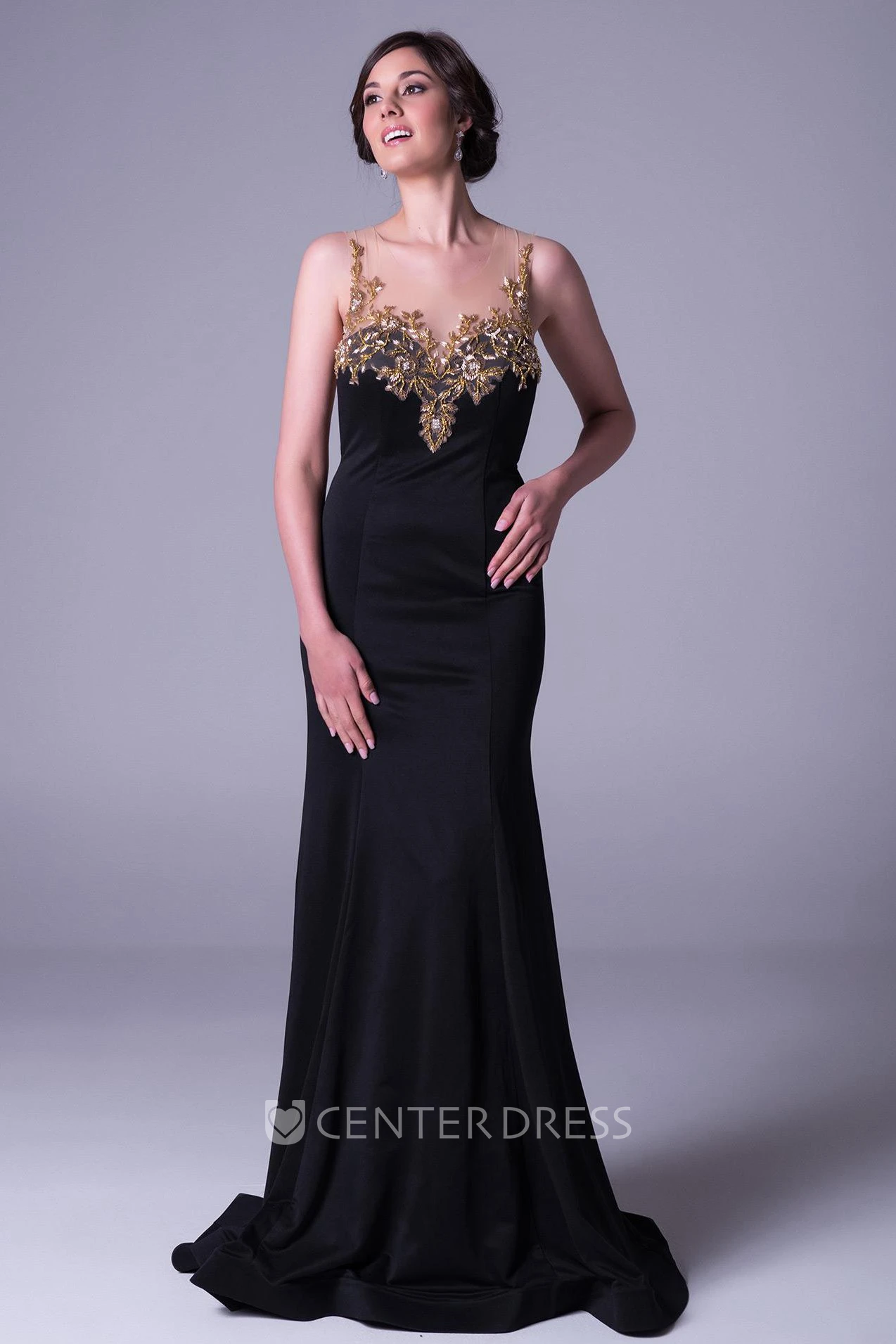 Scoop Long Beaded Chiffon Prom Dress With Sweep Train And Illusion