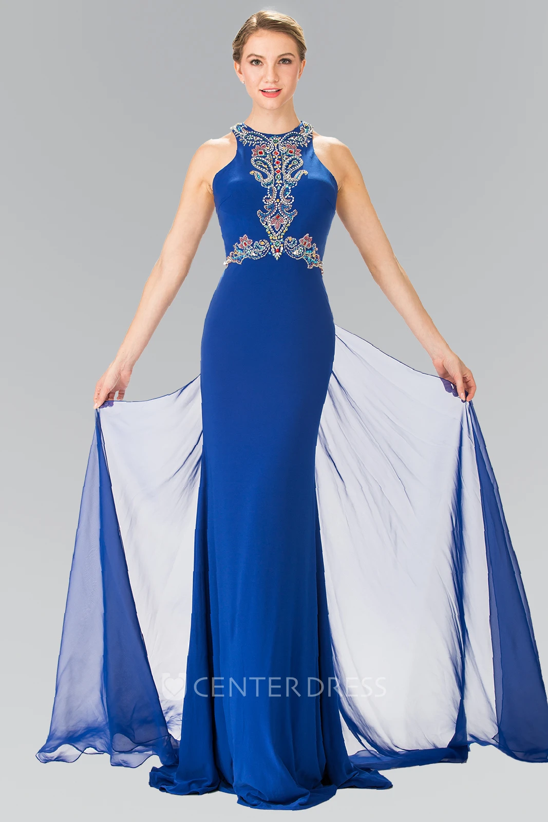Sheath Maxi Jewel-Neck Sleeveless Jersey Watteau Train Dress With Beading And Pleats