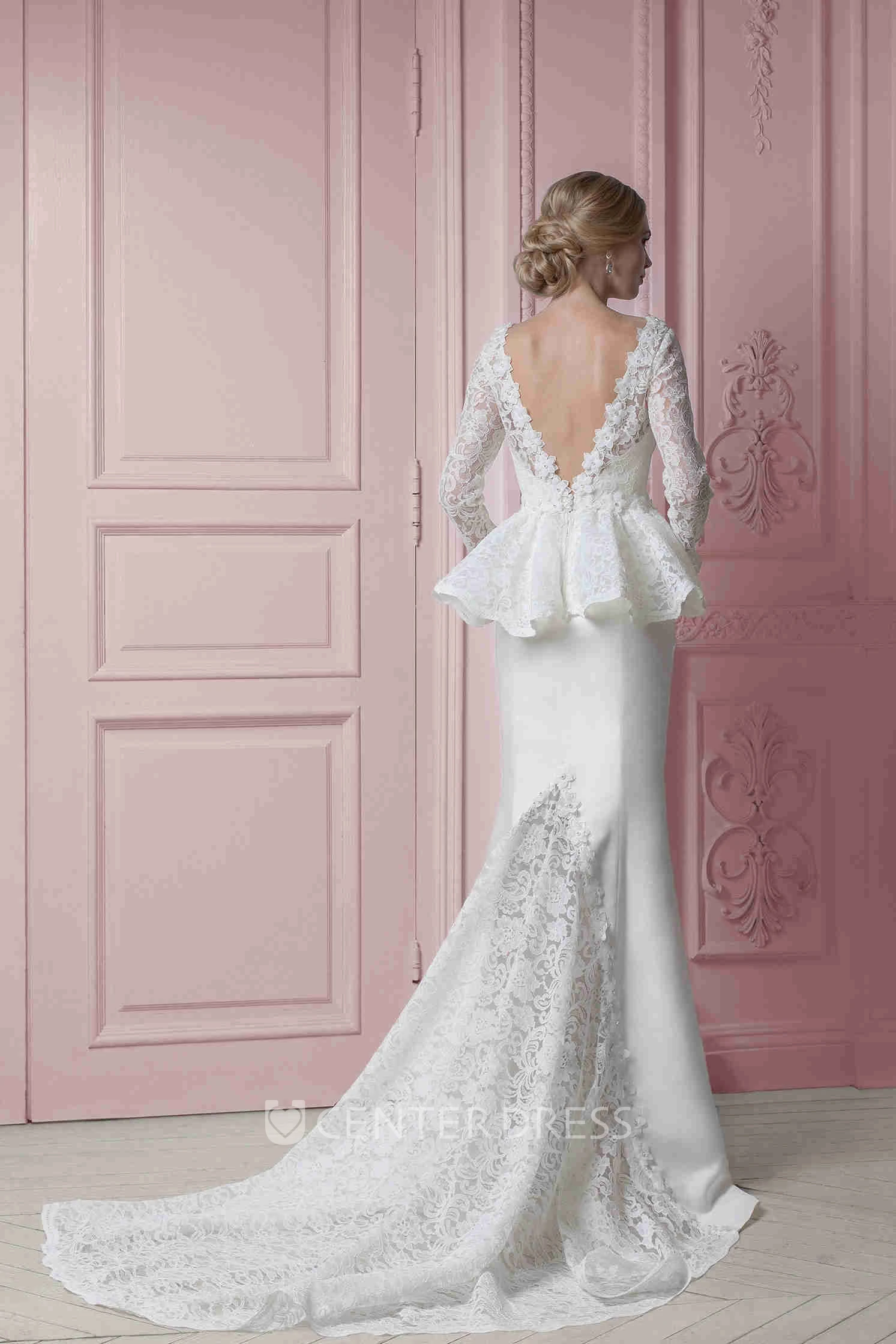 Bateau Long Lace Peplum Satin Wedding Dress With Chapel Train And V Back