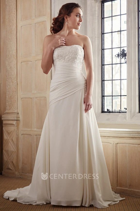 Long Strapless Appliqued Chiffon Wedding Dress With Court Train