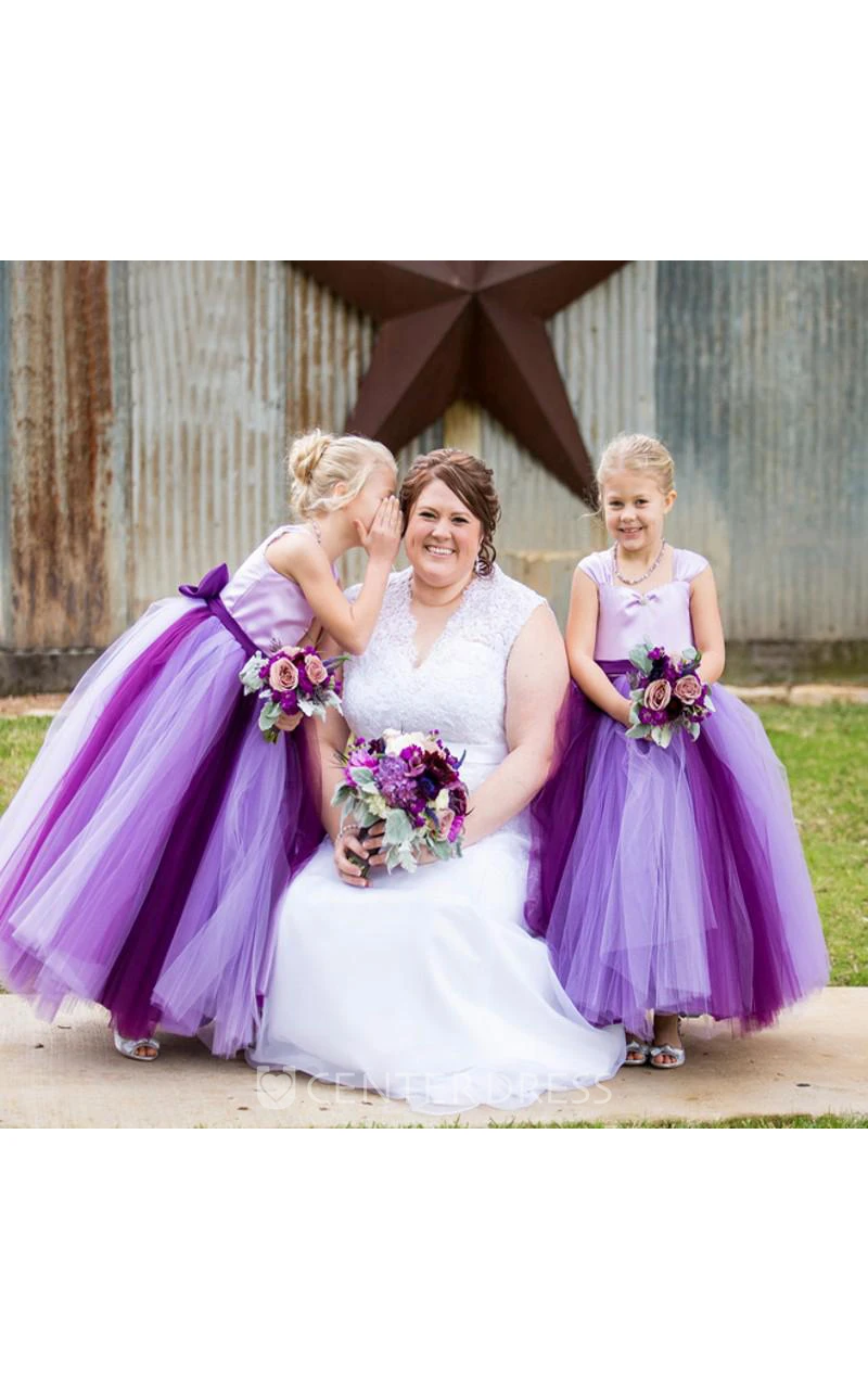 Princess Cap Sleeve Tulle Lovely Bowknot Flower Girl Dress