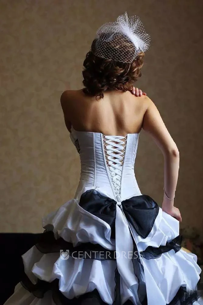 Sleeveless A-Line Strapless Taffeta High-Low Wedding Dress with Appliques Cascading Ruffles and Tiers