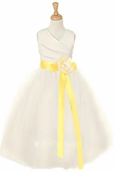V-Neck Ankle-Length Tiered Tulle&Satin Flower Girl Dress