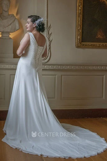 V Neck Sleeveless A-Line Bridal Gown With Lace Up And Train