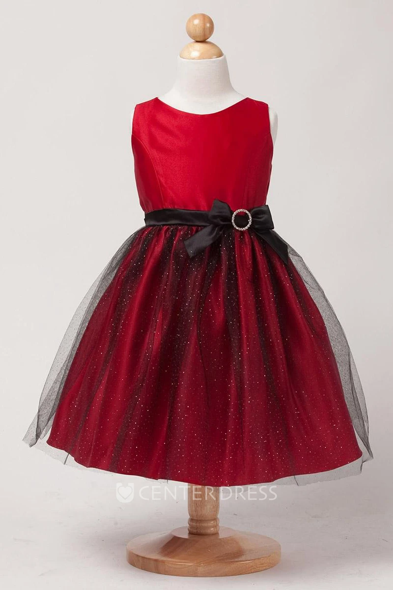 Broach Tiered Bowed Satin Flower Girl Dress With Sash