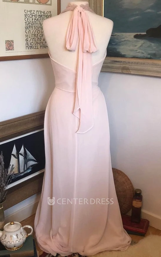 Adorable A-Line Chiffon Guest Dress With Halter Neckline And Open Back