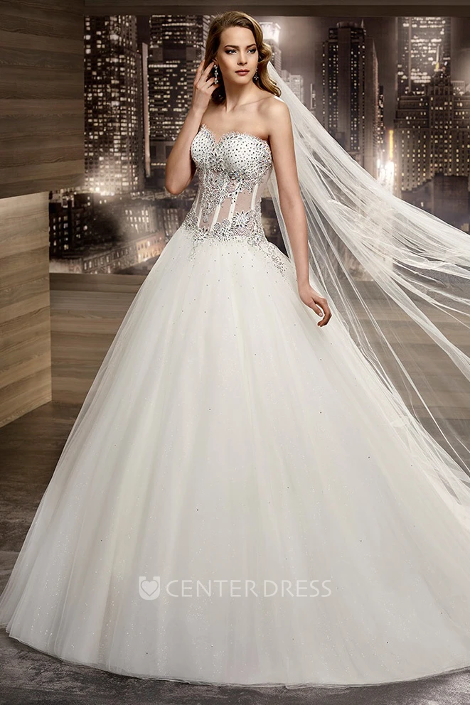 Sweetheart A-Line Bridal Gown With Beaded Embellishment And Brush Train