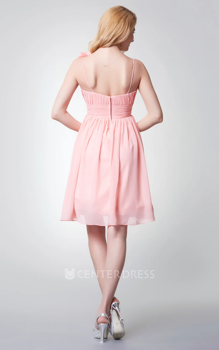 Sleeveless Empire Waist Straps Short Chiffon Bridesmaid Dress With Flower Detailing