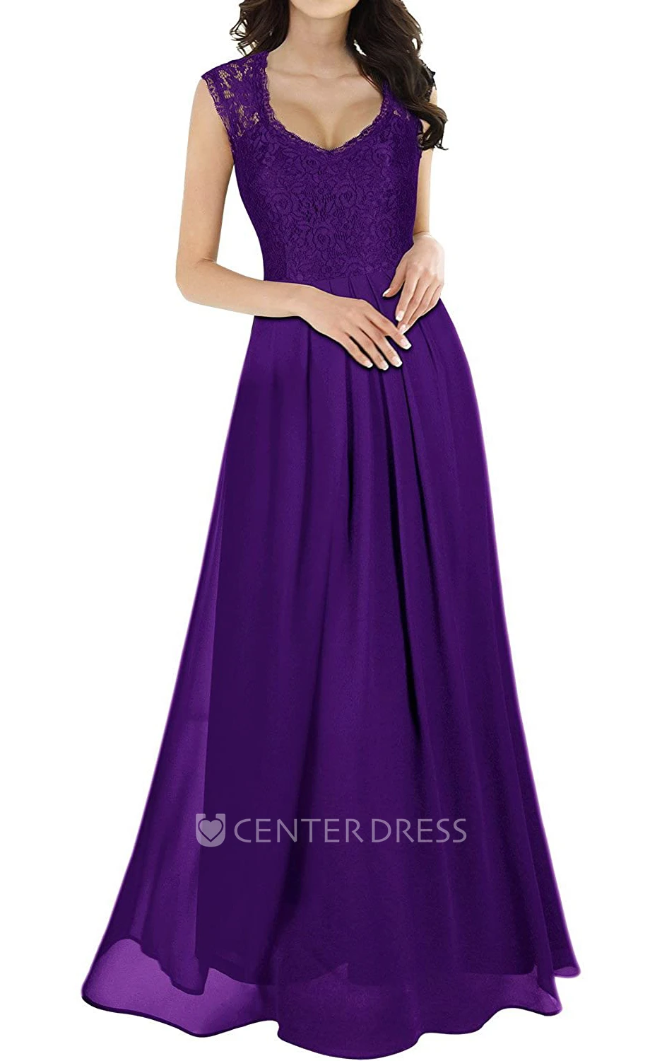 Romantic Sleeveless Lace Chiffon Scalloped A Line Evening Dress With Ruffles
