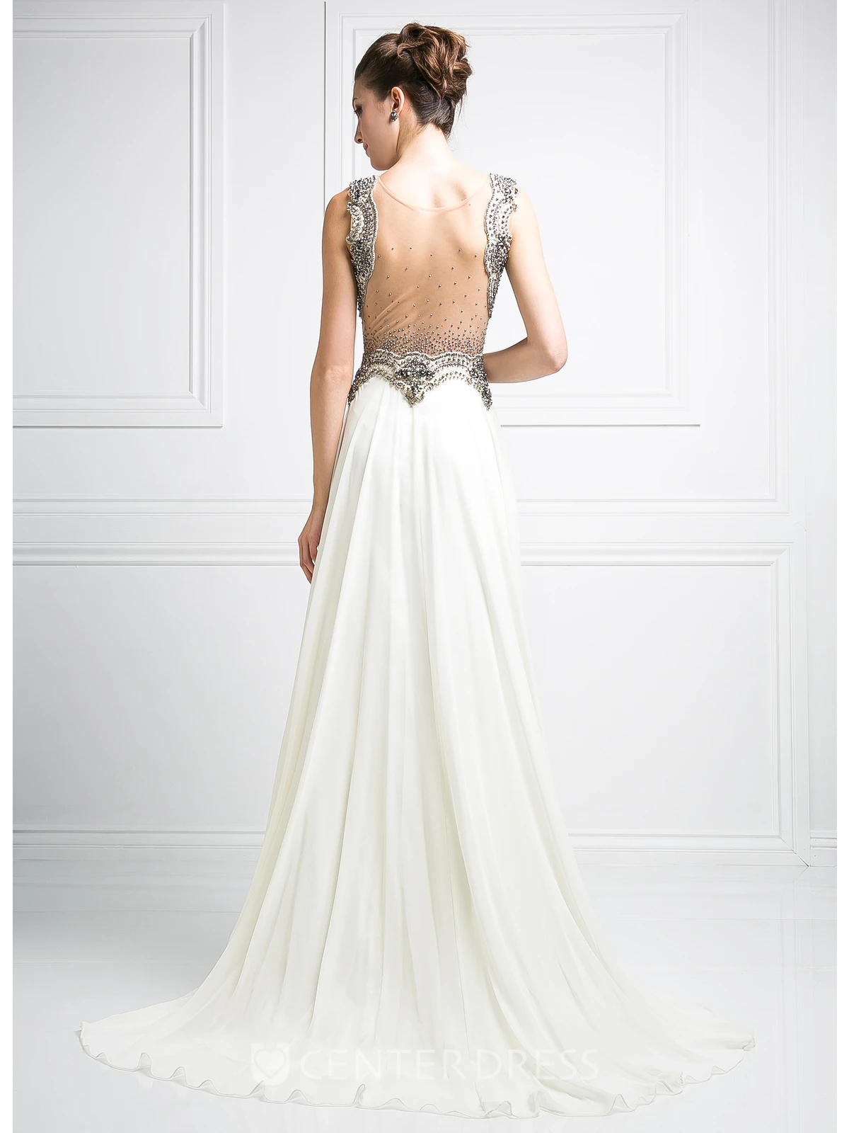 A-Line Maxi Bateau Sleeveless Jersey Illusion Dress With Beading