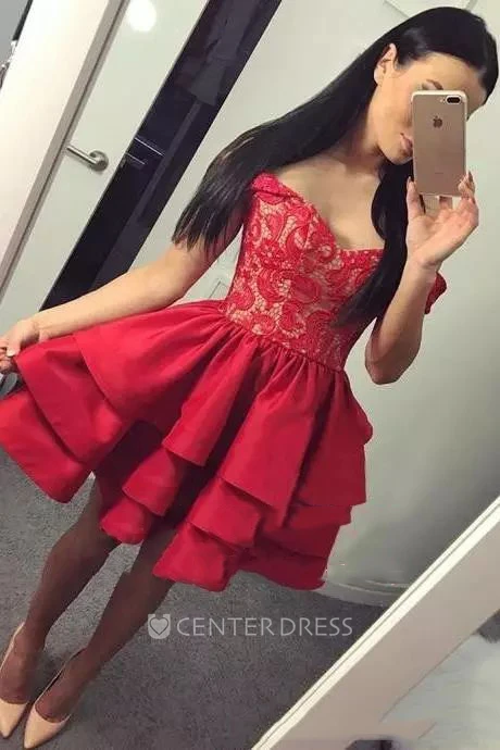 A-line Short Mini Sleeveless Off-the-shoulder Ruching Ruffles Taffeta Lace Homecoming Dress