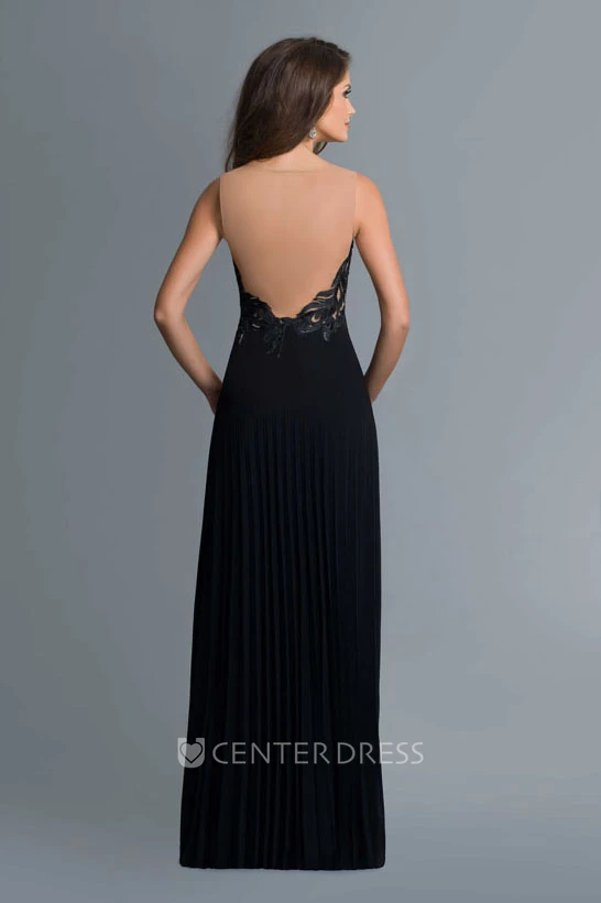 A-Line Scoop-Neck Sleeveless Jersey Illusion Dress With Appliques And Pleats