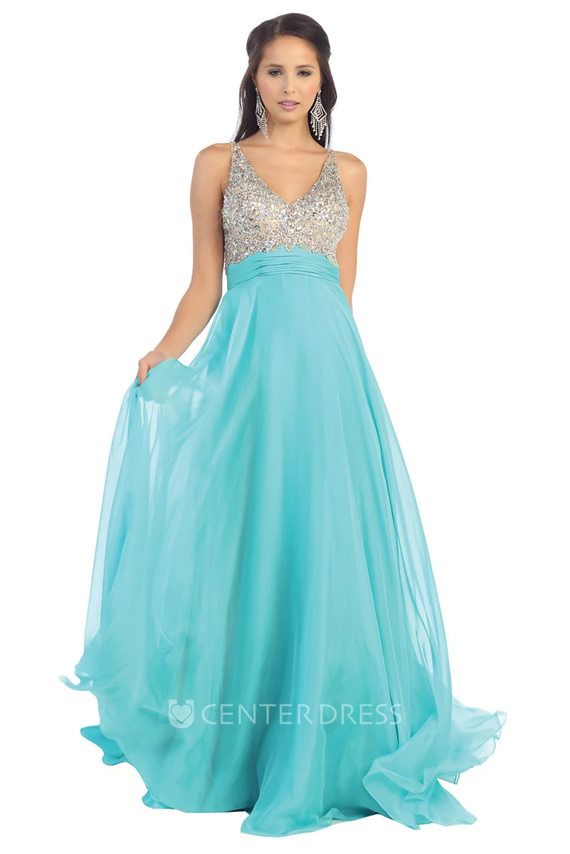 A-Line Long V-Neck Sleeveless Chiffon Deep-V Back Dress With Beading And Pleats
