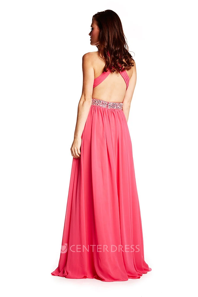 Floor-Length Ruched Sleeveless Halter Chiffon Prom Dress