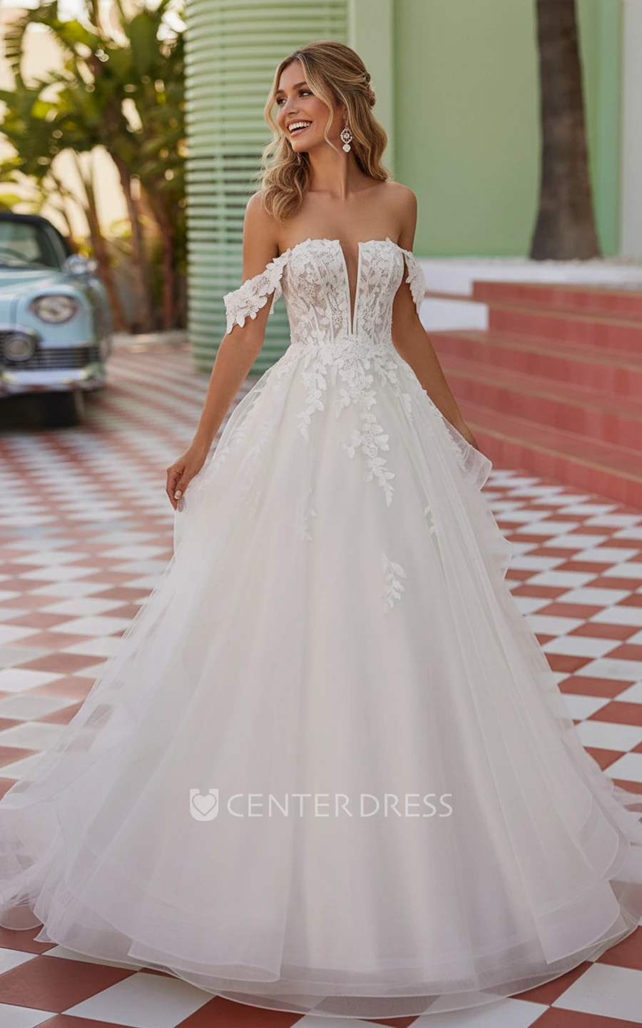 Elegant Tulle Wedding Dress A-Line Off Shoulder Lace Applique Plunge Neck Bridal Gown Court Train