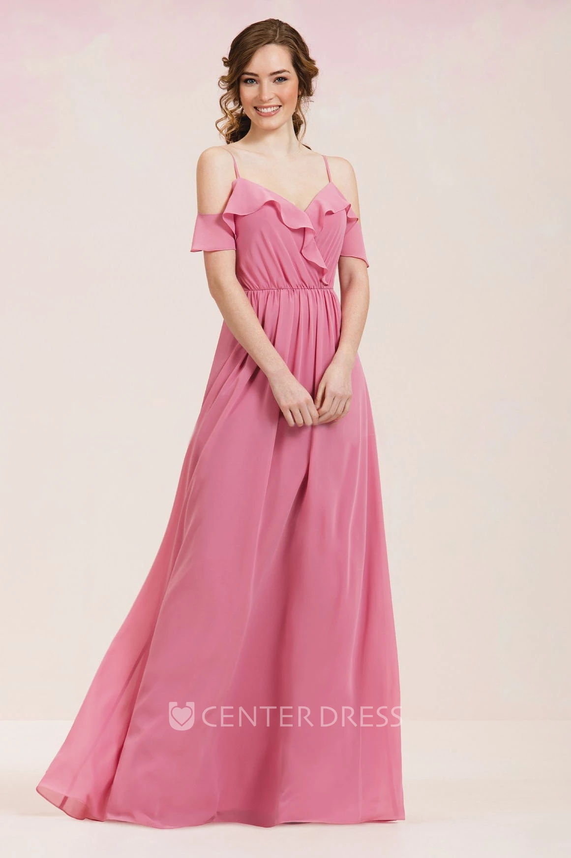 V-Neck A-Line Long Bridesmaid Dress With Ruffles And Spaghetti Straps