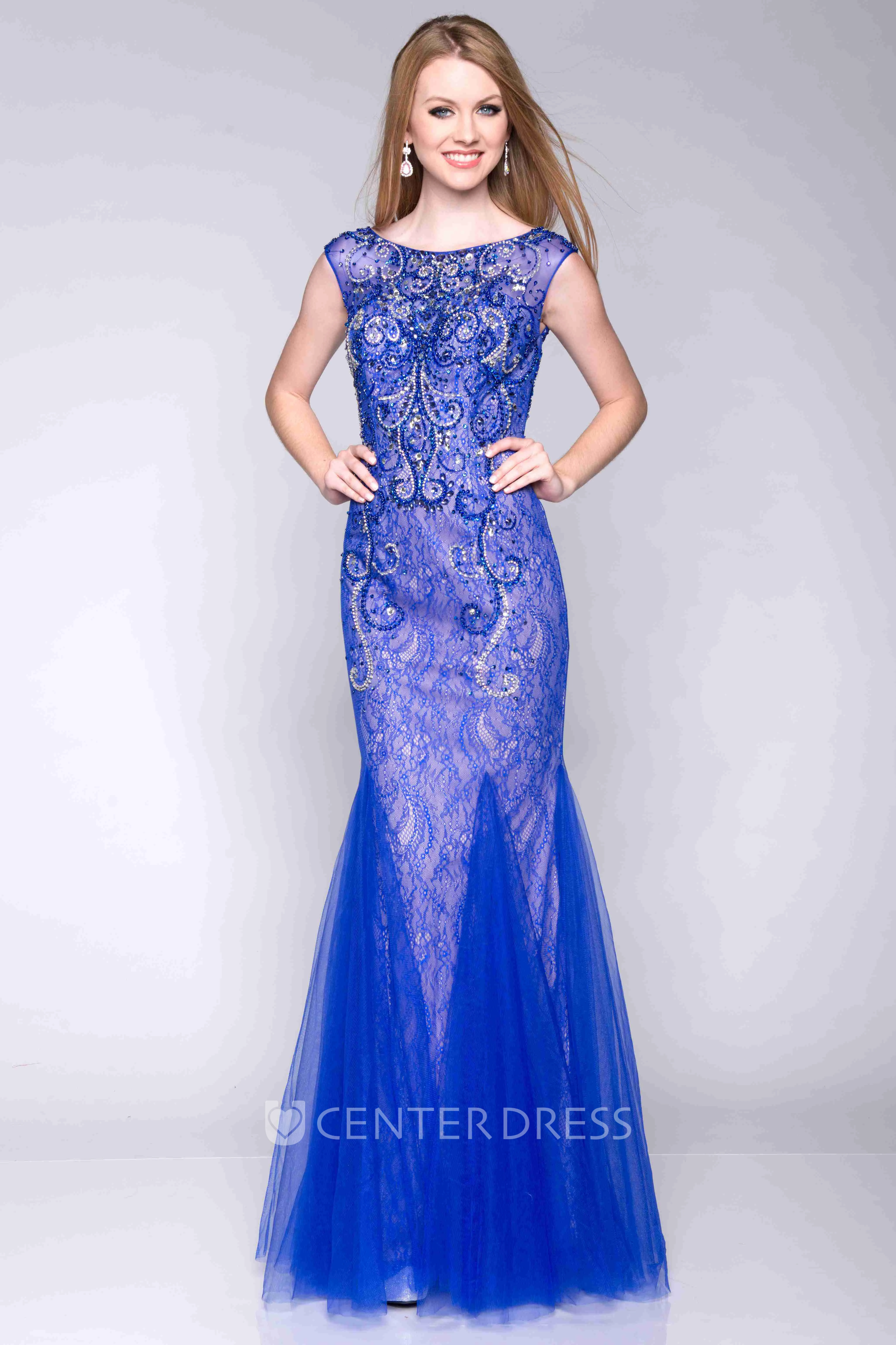 Cap Sleeve Bateau Neck Lace Mermaid Prom Dress With Tulle Skirt