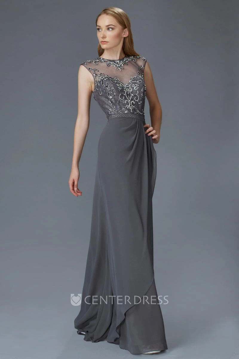 Sheath Jewel-Neck Cap-Sleeve Chiffon Illusion Dress With Beading And Lace