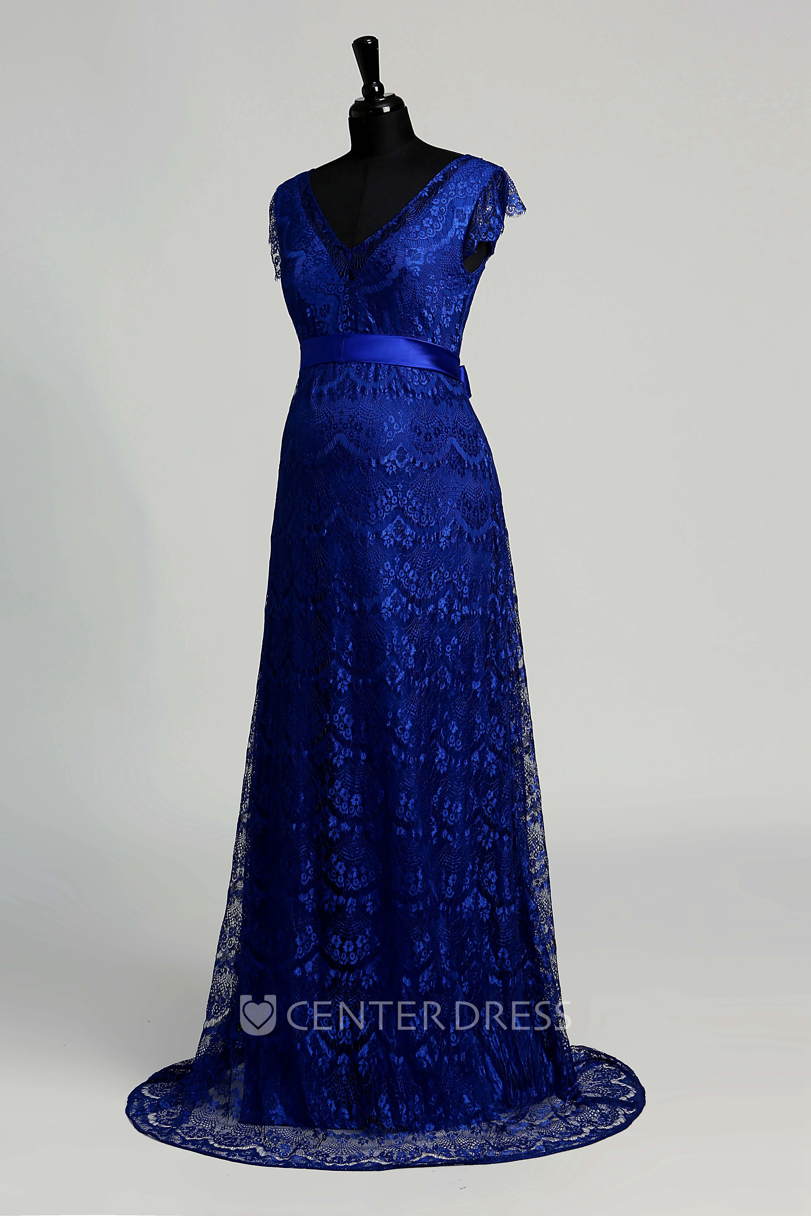 Lace A-line V-neck Cap Short Sleeve Maternity Dress with Sash/Ribbon