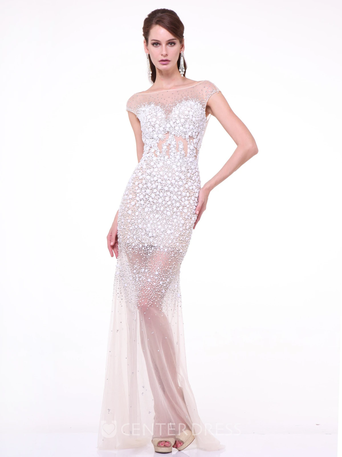 Sheath Long Bateau Cap-Sleeve Tulle Deep-V Back Dress With Crystal Detailing