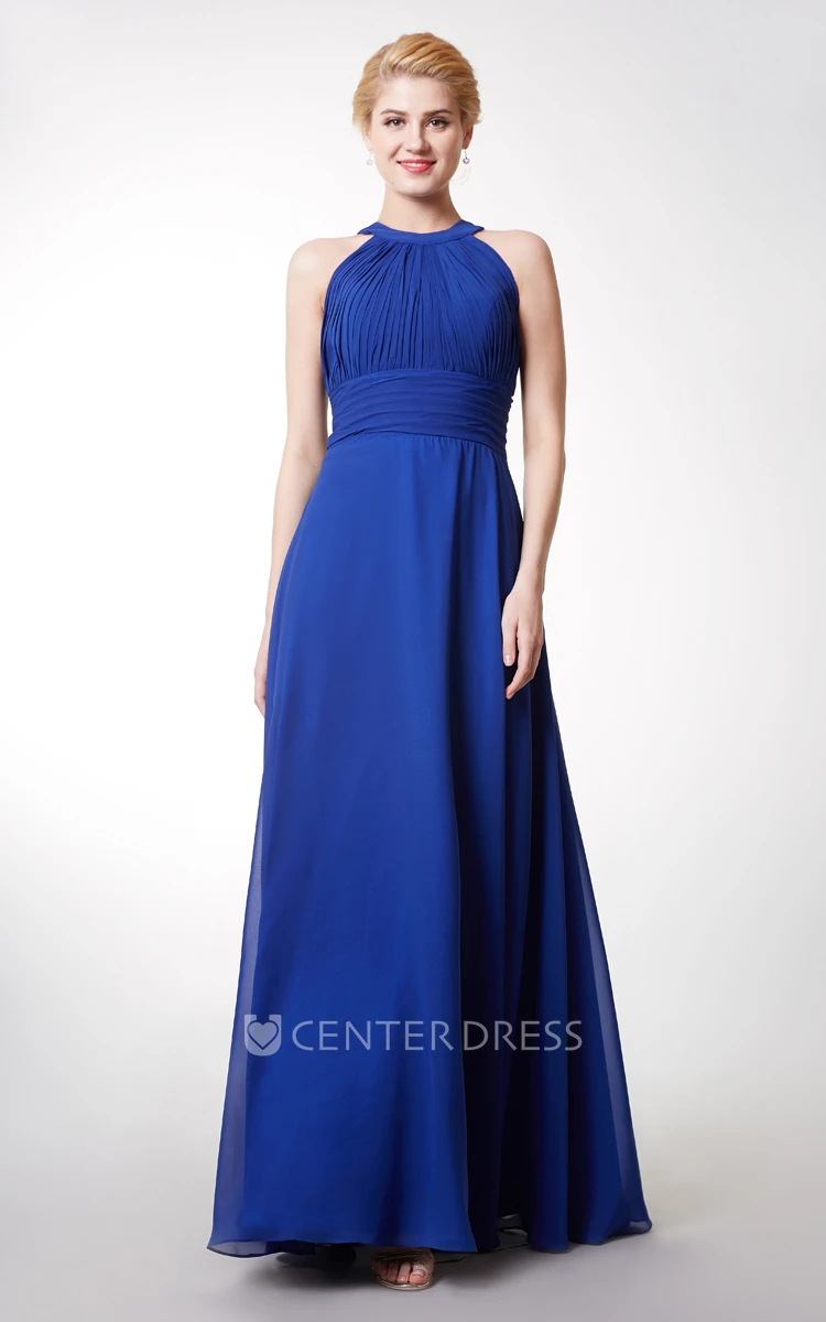 Halter Ruched Long Bridesmaid Dress With Key-hole Back