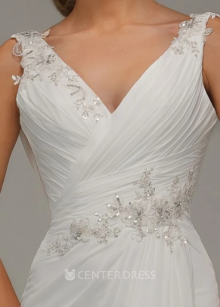 Sheath Appliqued Long V-Neck Sleeveless Chiffon Wedding Dress With Draping And Ruching