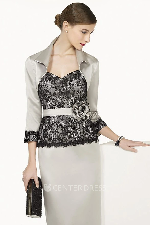 Lace Top Sheath Long Satin Prom Dress With Floral Sash And Removable Jacket