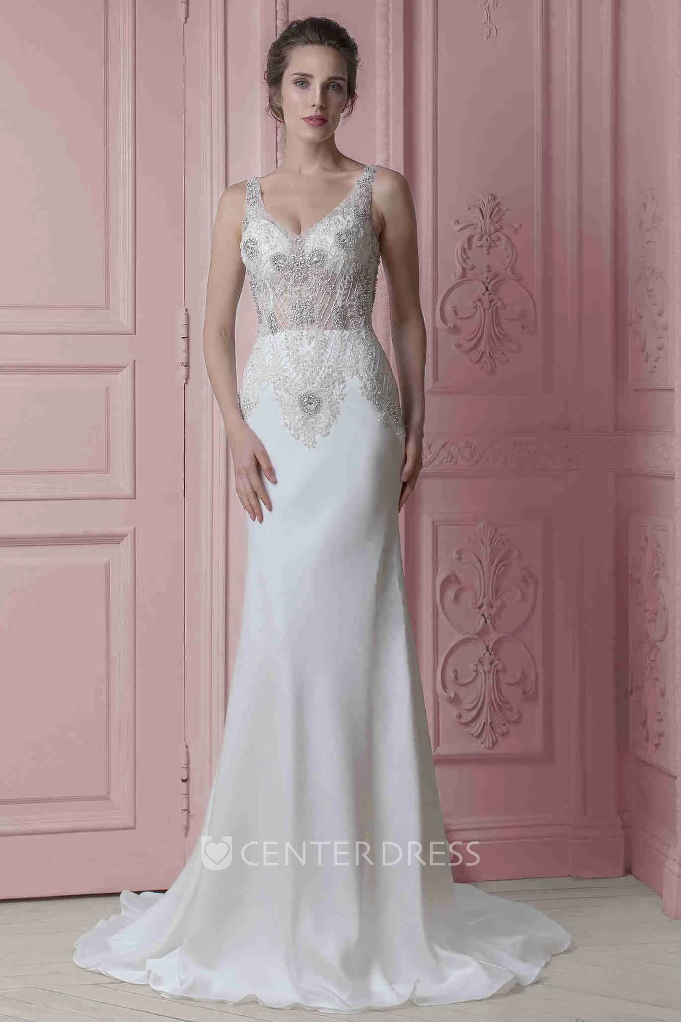 Sheath Sleeveless Maxi V-Neck Beaded Stretched Satin Wedding Dress