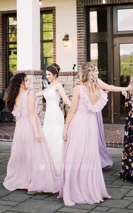 Casual A Line V-neck Chiffon Bridesmaid Dress With Cap Sleeves And Deep-V Back