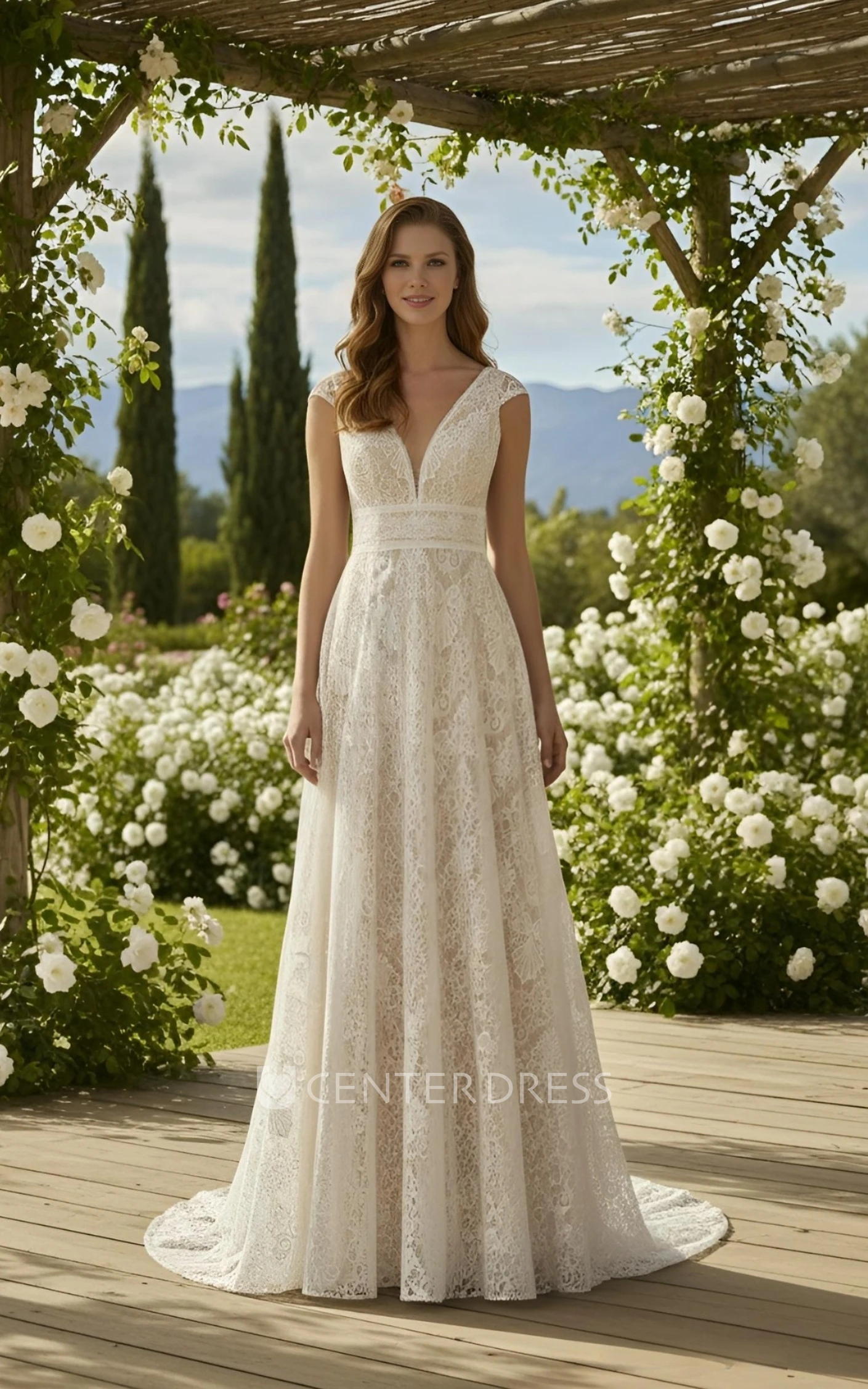 A-Line Lace Boho Wedding Dress Casual Cap Sleeves V-Neck Bridal Gown for Destination Weddings