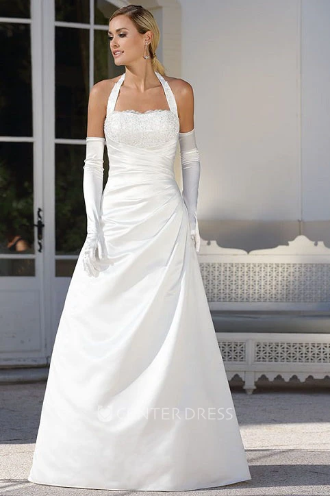 Draped A Line Halter Sleeveless Satin Wedding Dress Draped A Line Halter Sleeveless Satin Wedding Dress