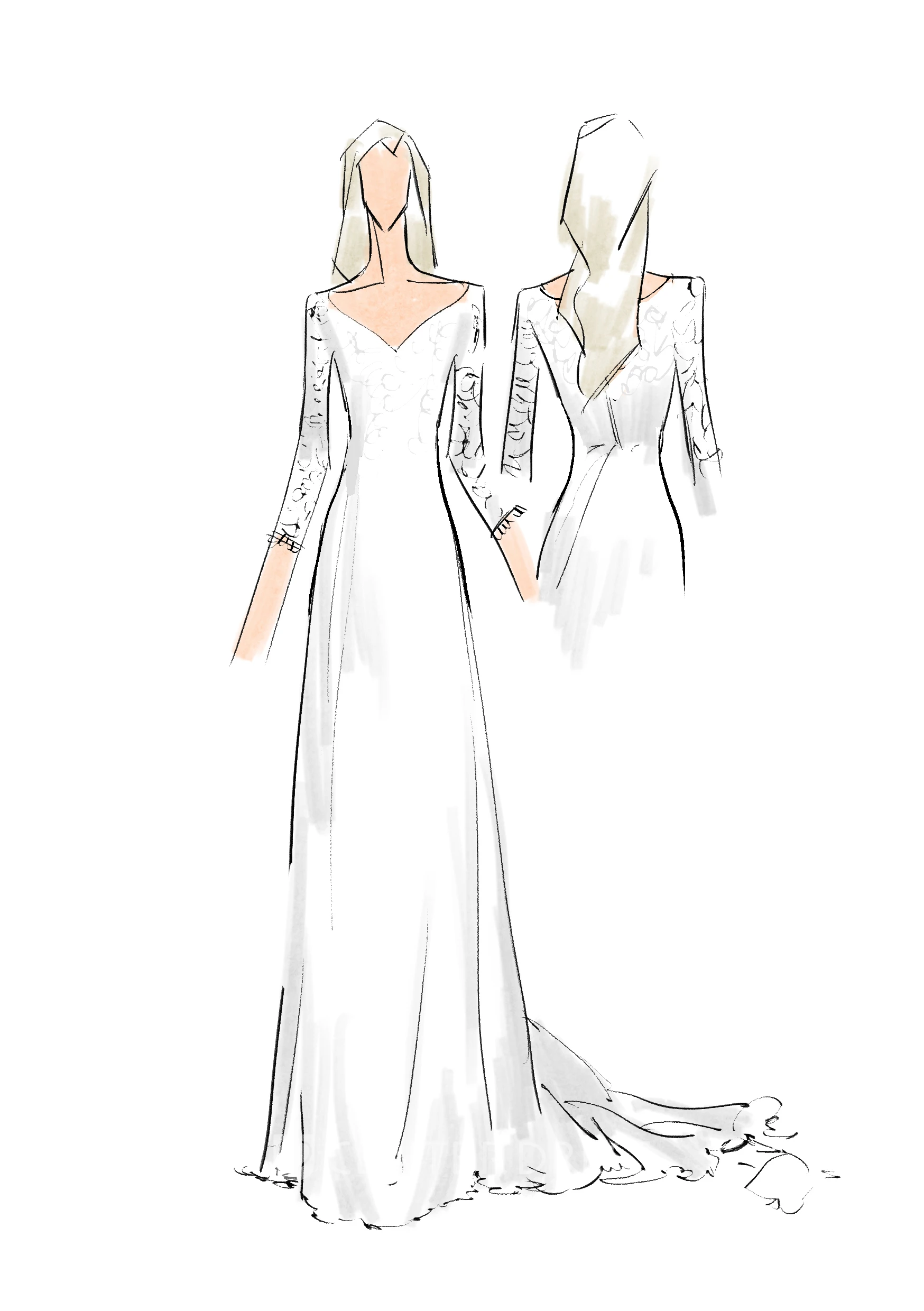 Modest Sheath V-neck 3/4 Length Sleeve Lace Wedding Gown with Court Train