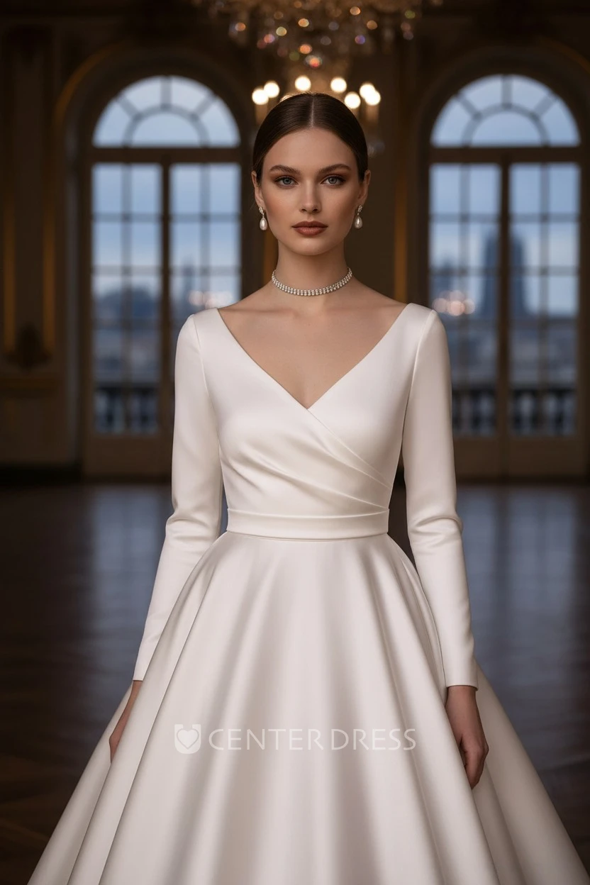 Vintage Elegant Satin Long Sleeve A-Line V-neck Warm Wedding Dress Simple Solid Court Floor-length Button Deep-V Back Bridal Gown with Sash Train