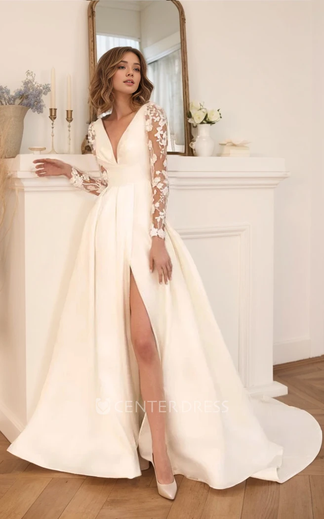 Romantic V-neck A-Line Satin Lace Long Sleeve Spring Wedding Dress Modern V Back Bridal Gown with Train