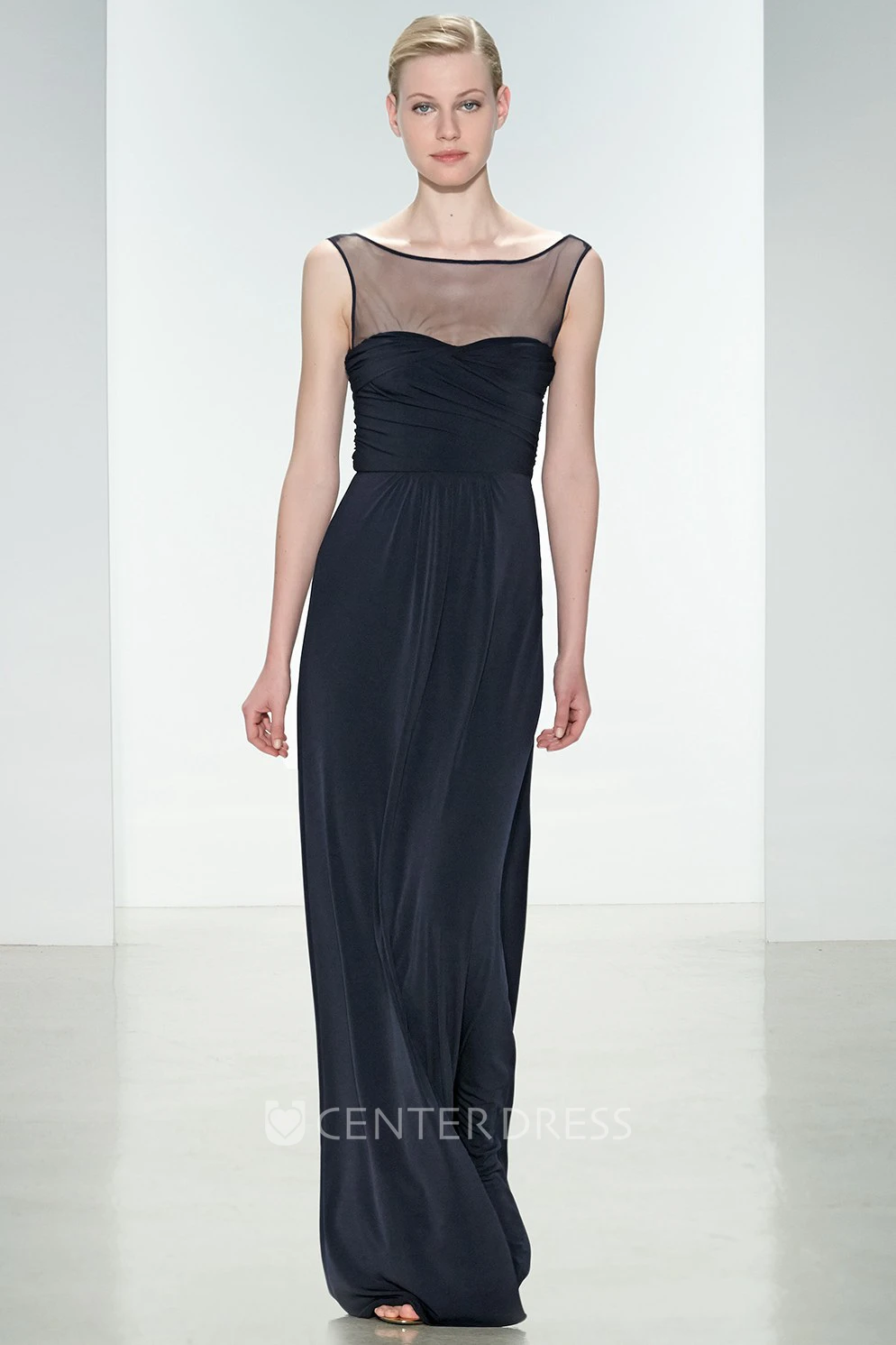 Pencil Sleeveless Ruched Long Bateau-Neck Chiffon Bridesmaid Dress