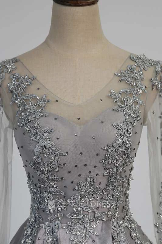 Illusion Long Sleeve V Neck Pleated Satin Ball Gown With Lace Detailing