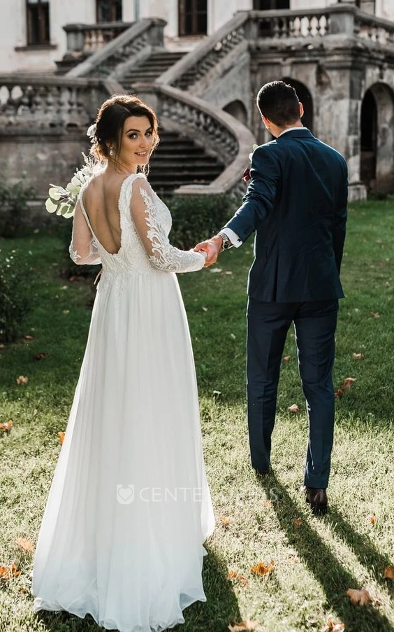 Vintage 1920s Long Sleeve Wedding Dress Chiffon Sheath Floor-length with Lace Deep-V Back