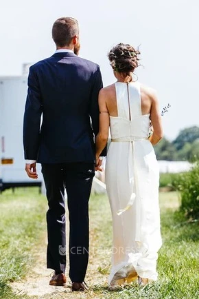 Ethereal Chiffon Halter Sleeveless Bridal Gown with Sash