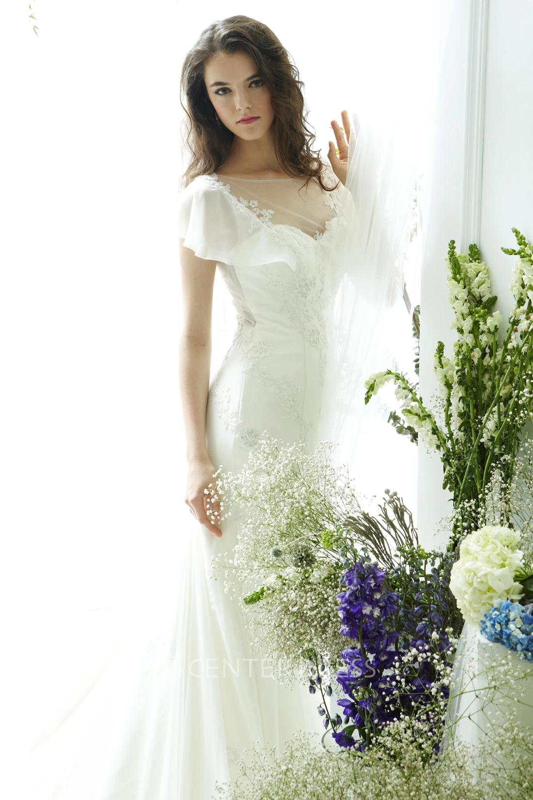 Poet-Sleeve Bateau-Neck Chiffon Wedding Dress With Illusion