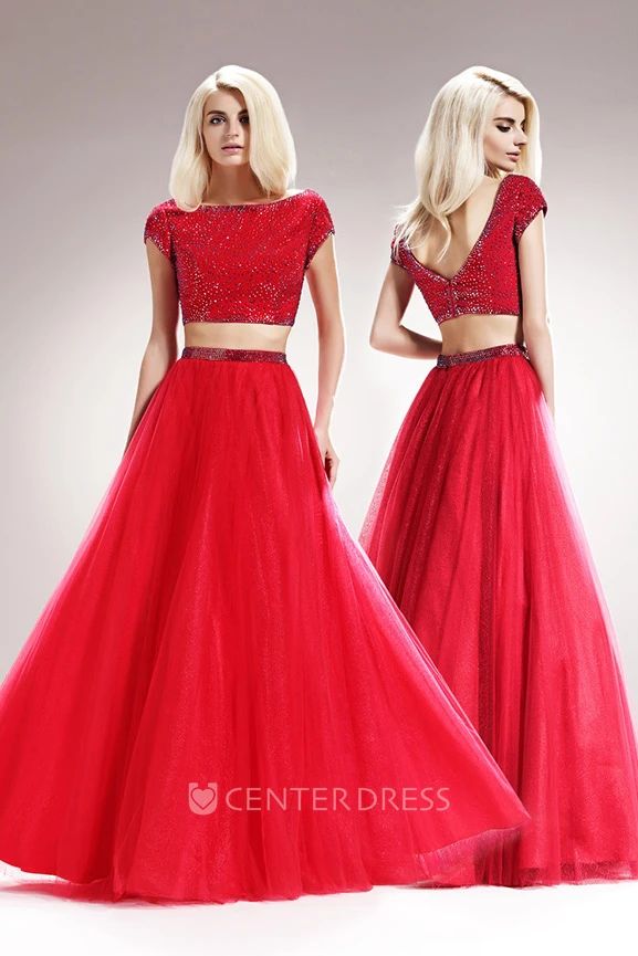 Two-Piece A-Line Bateau Short Sleeve Tulle Satin Low-V Back Dress With Beading