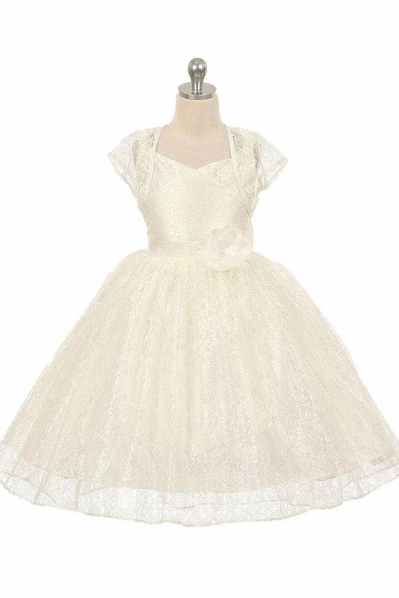 High-Low Floral Criss-Cross Lace Flower Girl Dress With Sash